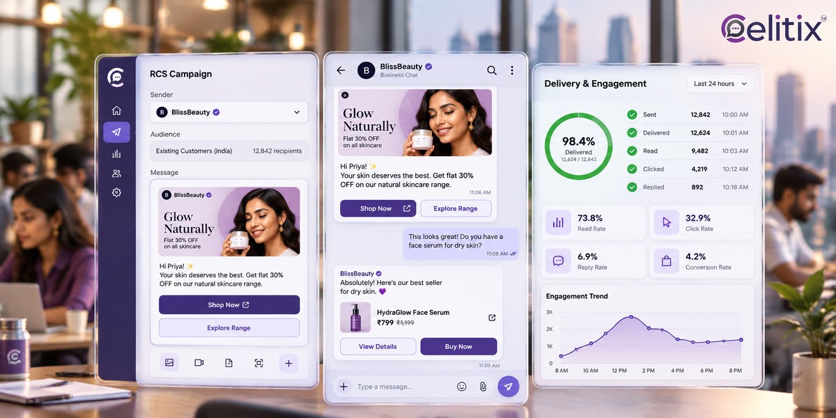 How rcs messaging works - explainer view How rcs messaging works shown in a working setup, covering verified sender rcs and rcs rich card messaging