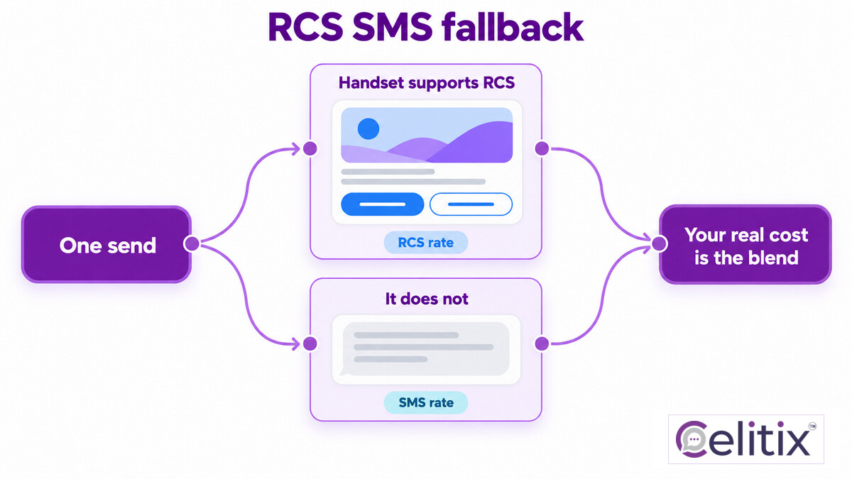 RCS SMS fallback and what it does to RCS business messaging India economics RCS SMS fallback shown as a delivery decision tree inside RCS business messaging India, with RCS business messaging cost India attached to each branch