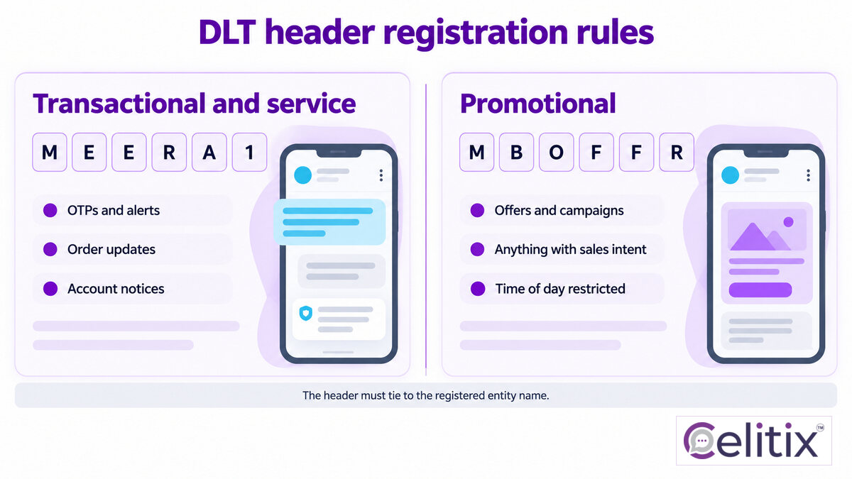 The DLT header registration rules inside the DLT registration process India The DLT header registration rules shown as two header types side by side within the DLT registration process India, with the TRAI DLT compliance checklist applied to each