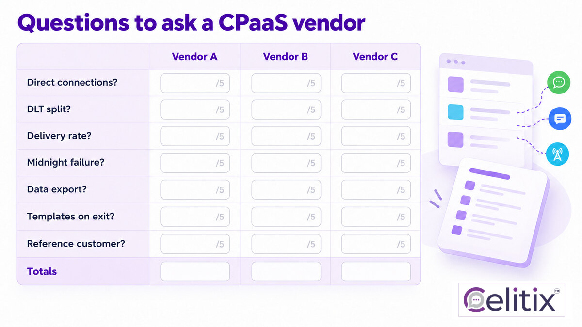 Seven questions to ask a CPaaS vendor laid out as a scoring sheet for comparing any CPaaS provider India, with CPaaS pricing comparison India as one of the scored rows